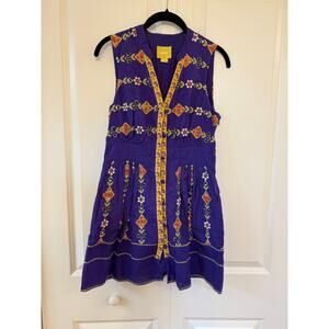 Maeve Anthropologie Purple Embroidered Button Front Mini Dress Cotton Boho Sz 2